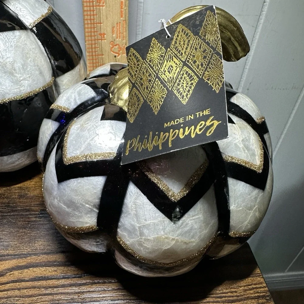 2 Black White Checkered Stacked Pumpkins Gold Stems Halloween Fall Topiary New